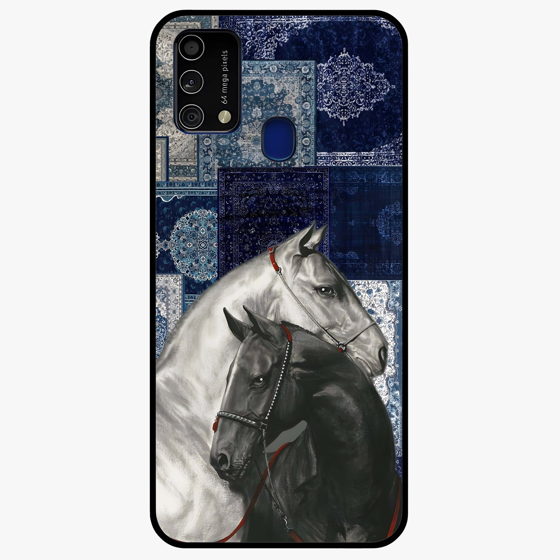 Midnight Stallion Blues Glass Case showing flat back view with majestic horse artwork and glossy glass finish.