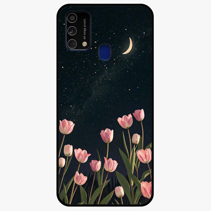 Midnight Tulip Whispers Vibe Glass Case showing flat back view with elegant tulip flower artwork and glossy glass finish.