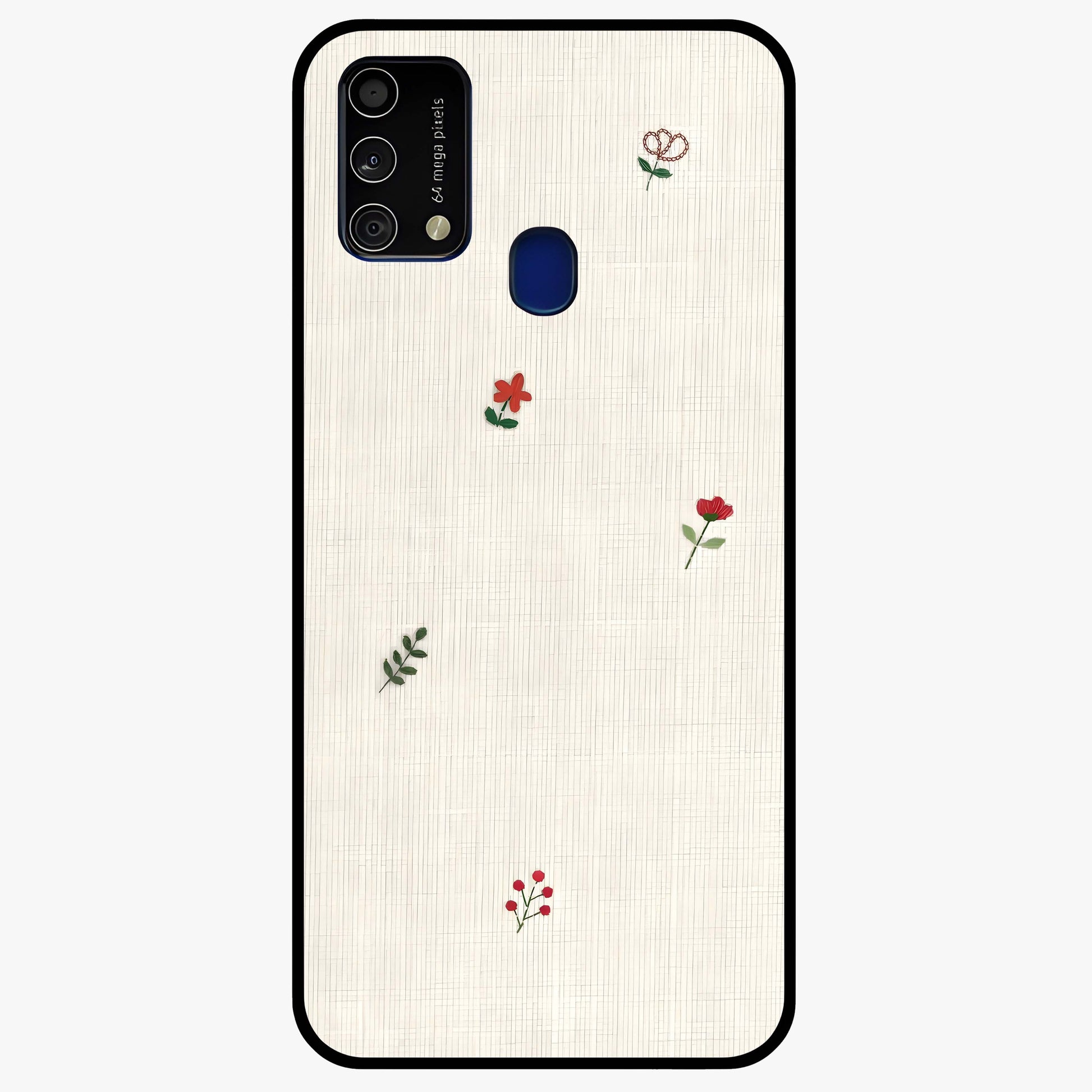 Minimal Petal Whispers Glass Case showing flat back view with soft minimal floral artwork and glossy glass finish.