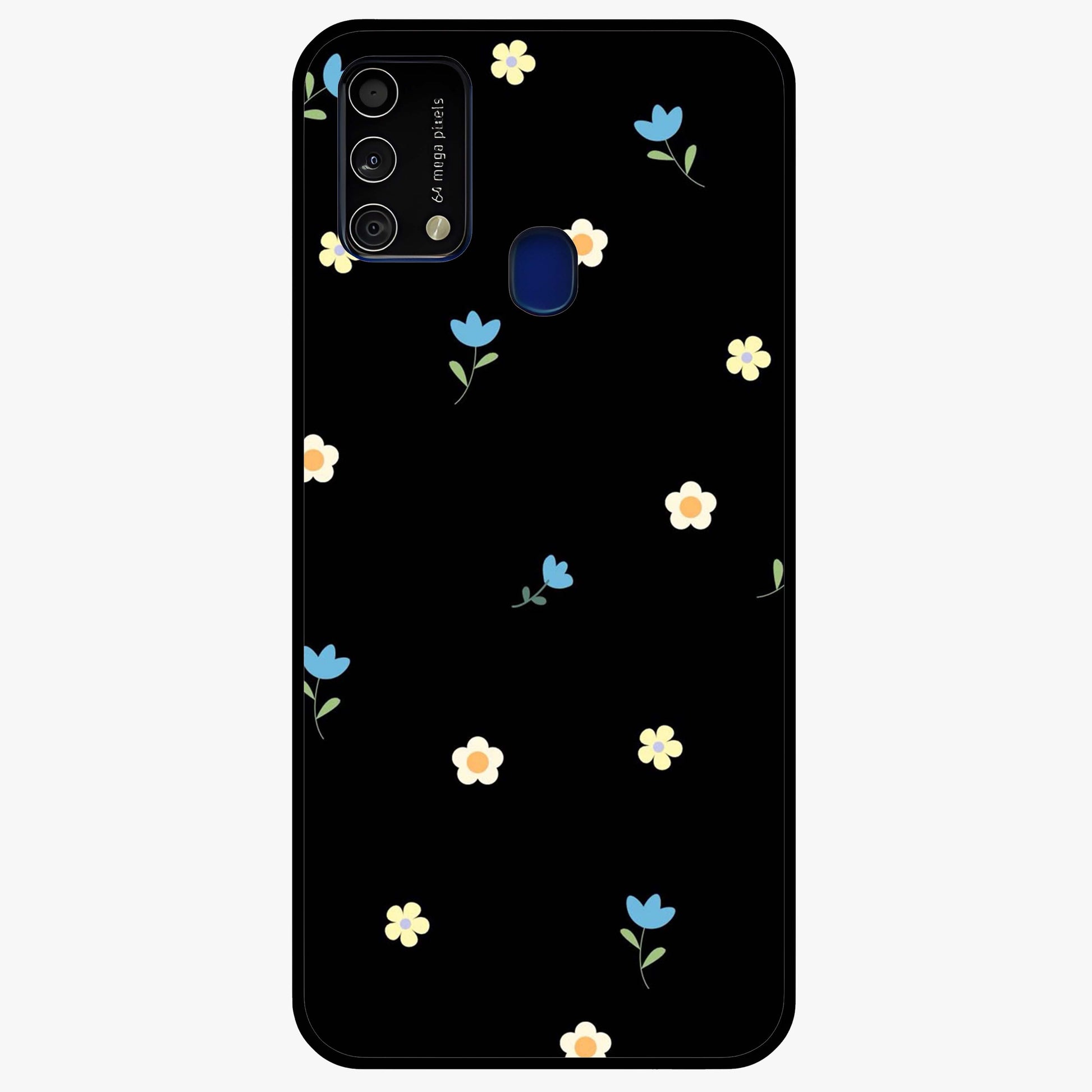 Minimalistic Blue With White Flower Pattern Glass Case showing flat back view with blue background and white flower pattern and glossy glass finish.