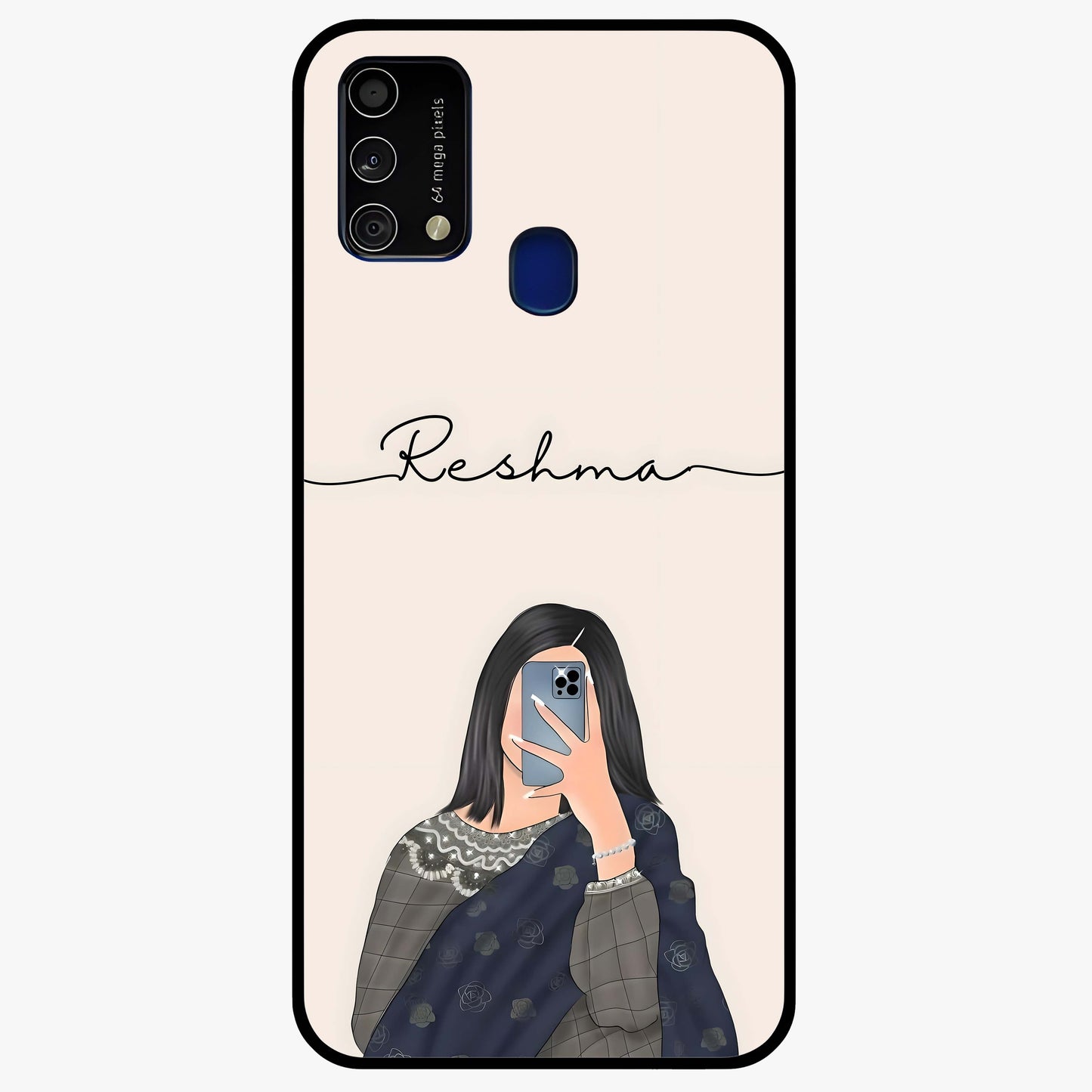 Mirror Mood Muse With Custom Name Glass Case showing flat back view with stylish mirrored artwork and personalized name design.
