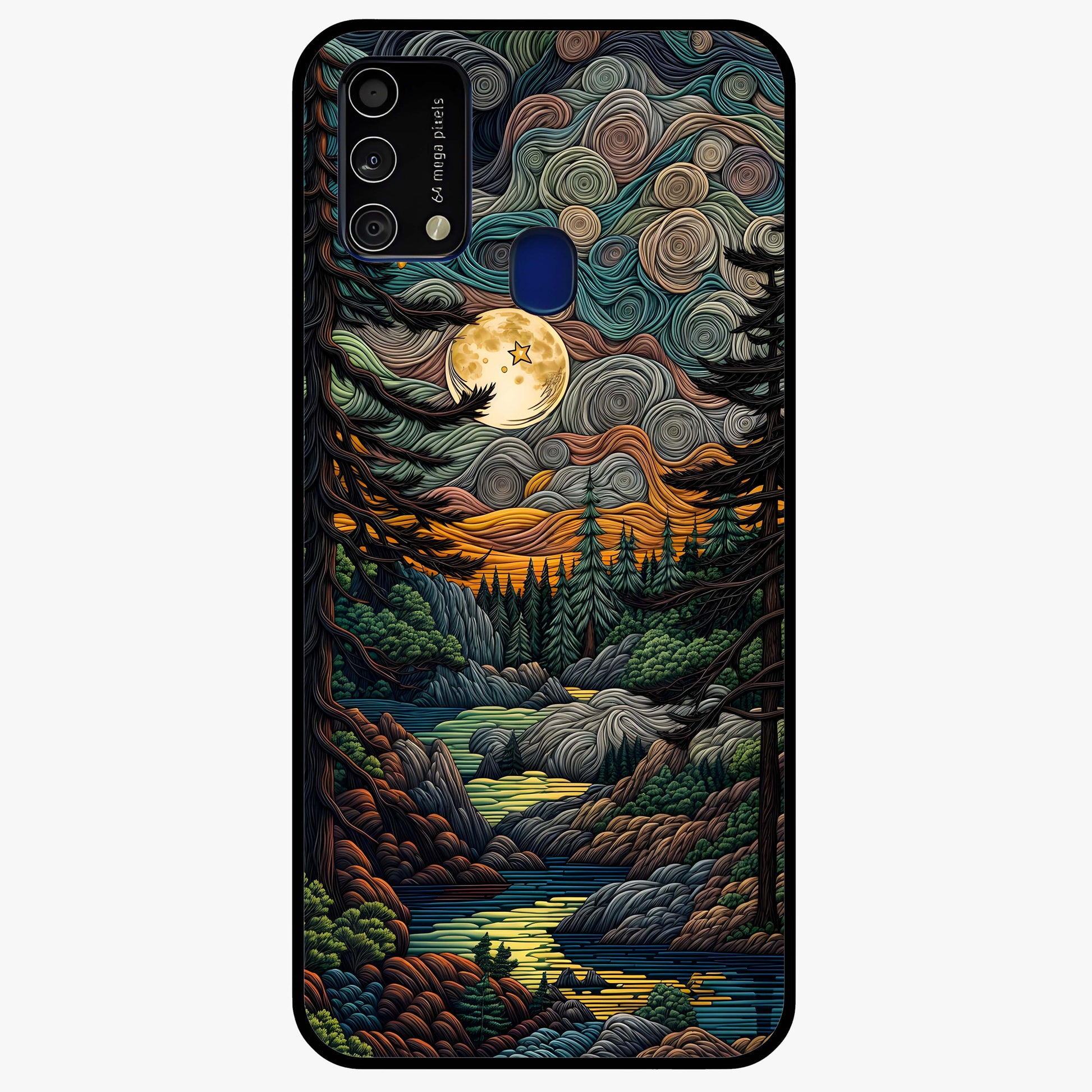 Moonlight Forest Dream Glass Case showing flat back view with mystical forest moonlight artwork and glossy glass finish.