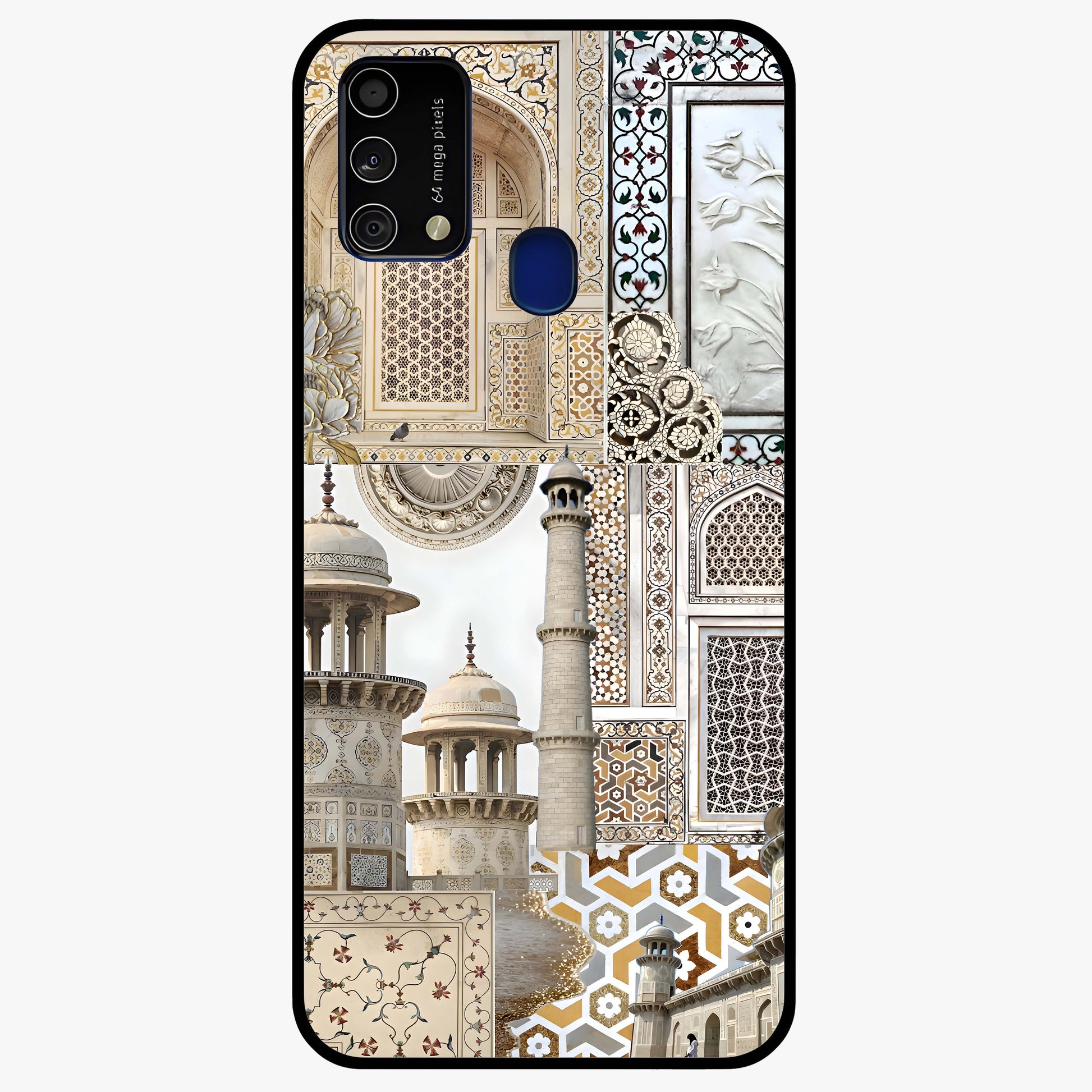 Mughal Marble Legacy Glass Case showing flat back view with intricate Mughal inspired marble pattern and glossy glass finish.