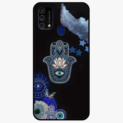Mystic Hand Aura Glass Case showing flat back view with mystical hand symbol artwork and glossy glass finish.