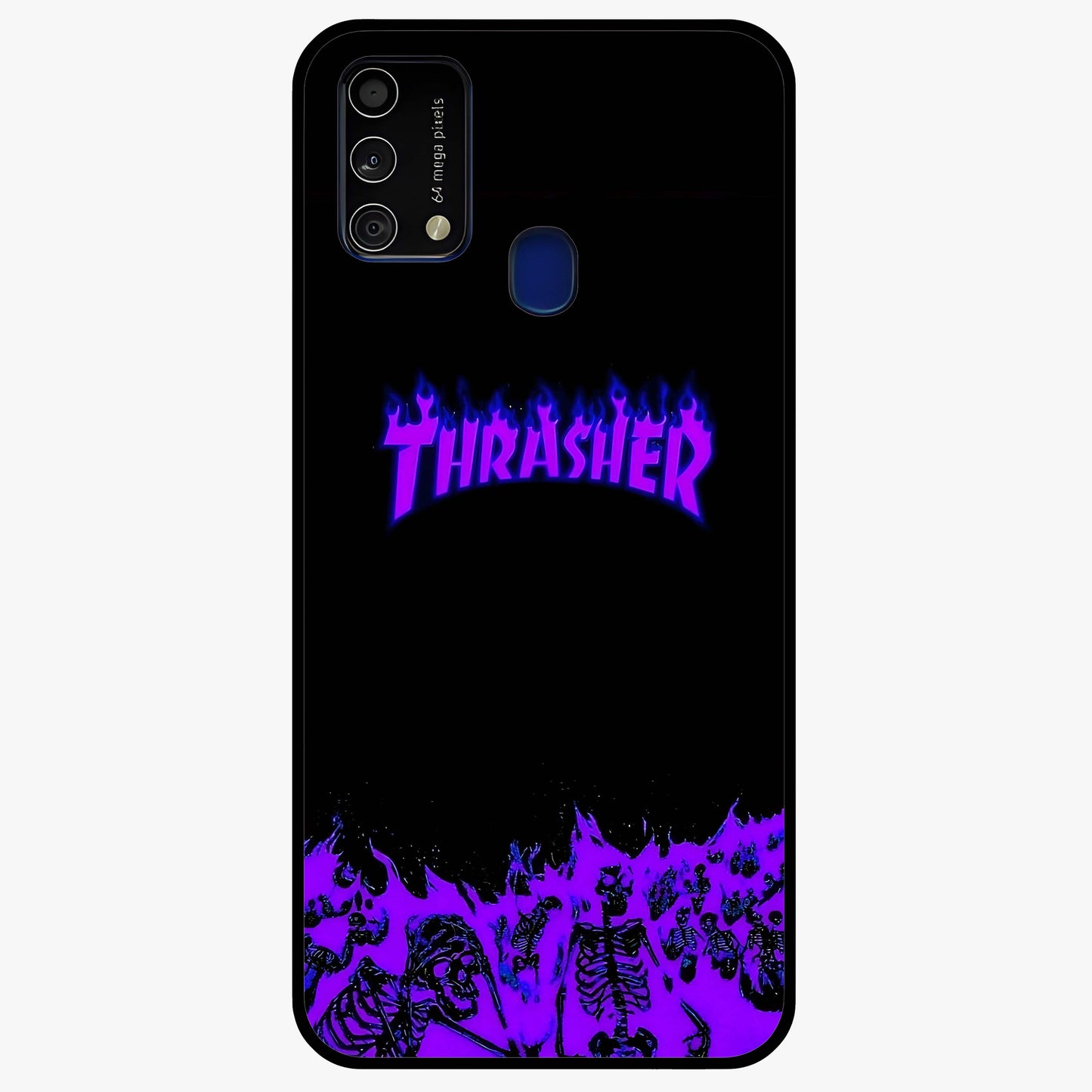 Neon Flame Riot Glass Case showing flat back view with neon flame artwork and glossy glass finish.