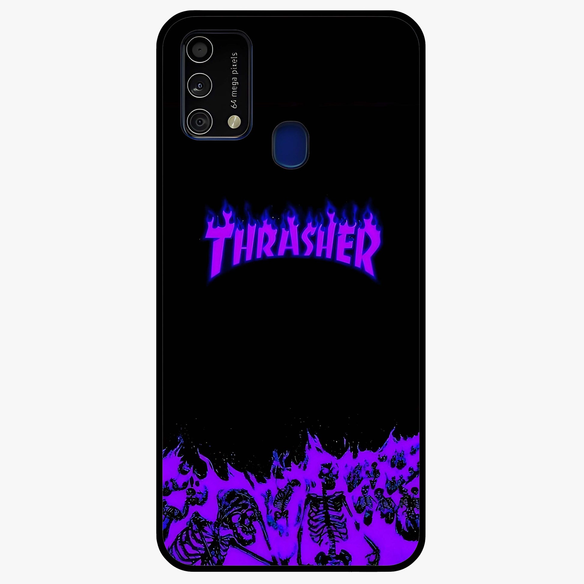Neon Flame Riot Glass Case showing flat back view with neon flame artwork and glossy glass finish.