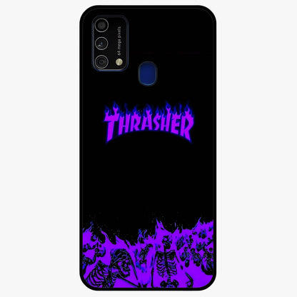 Neon Flame Riot Glass Case showing flat back view with neon flame artwork and glossy glass finish.