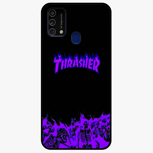 Neon Flame Riot Glass Case showing flat back view with neon flame artwork and glossy glass finish.