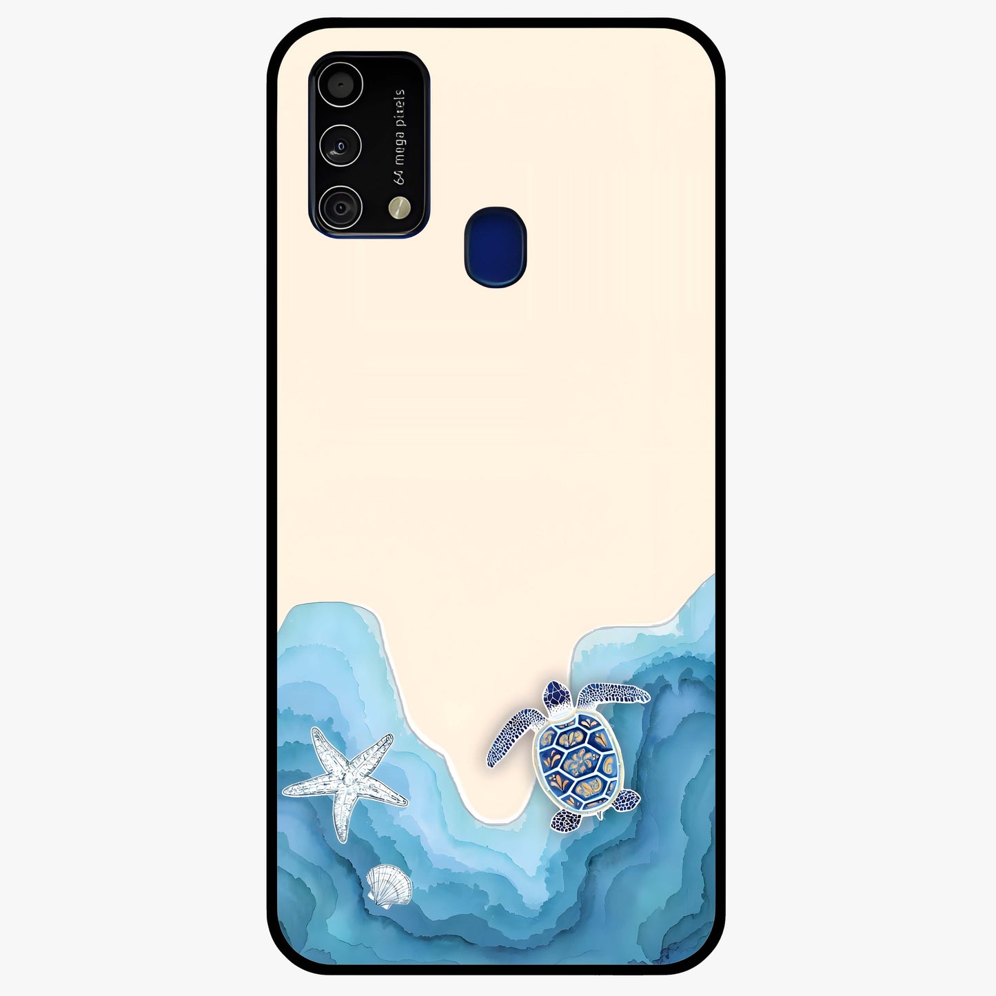 Ocean Drift Turtle Glass Case showing flat back view with sea turtle artwork and glossy glass finish.