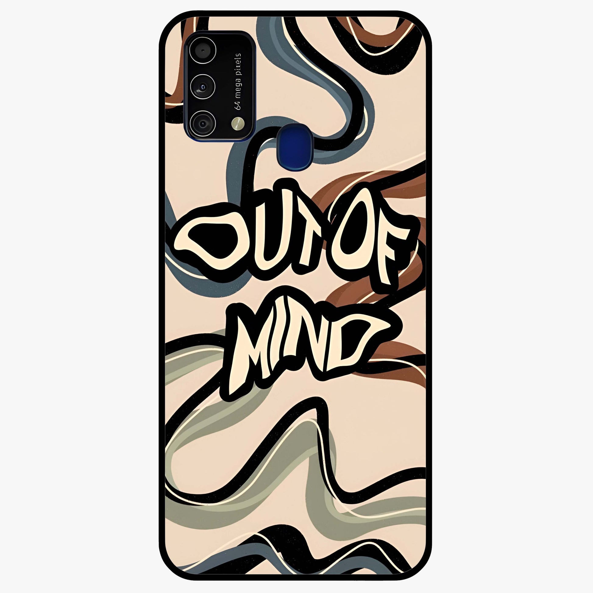 Out Of Mind Glass Case showing flat back view with expressive typography artwork and glossy glass finish.