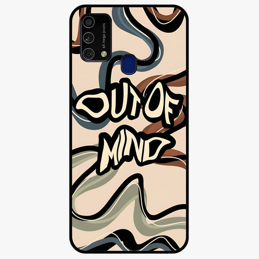 Out Of Mind Glass Case showing flat back view with expressive typography artwork and glossy glass finish.
