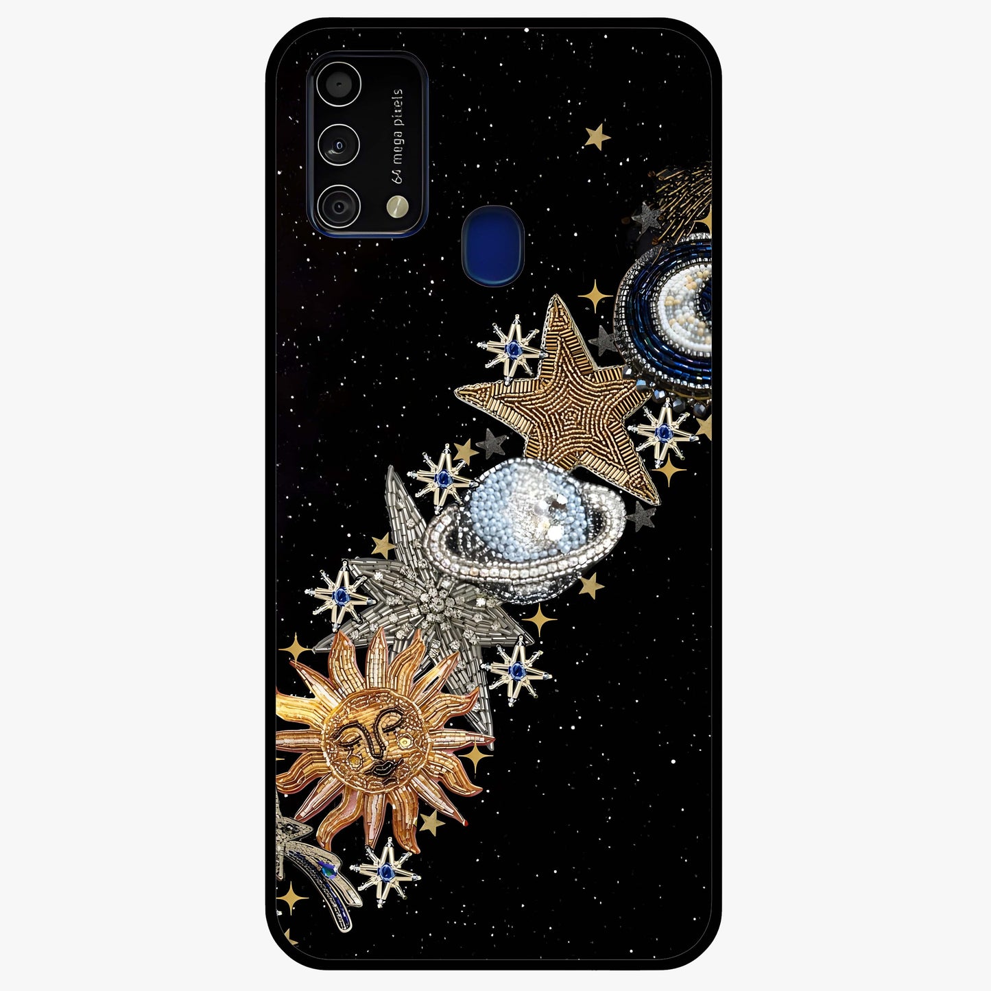 Pearls Universe Object Glass Case showing flat back view with pearl inspired cosmic artwork and glossy glass finish.