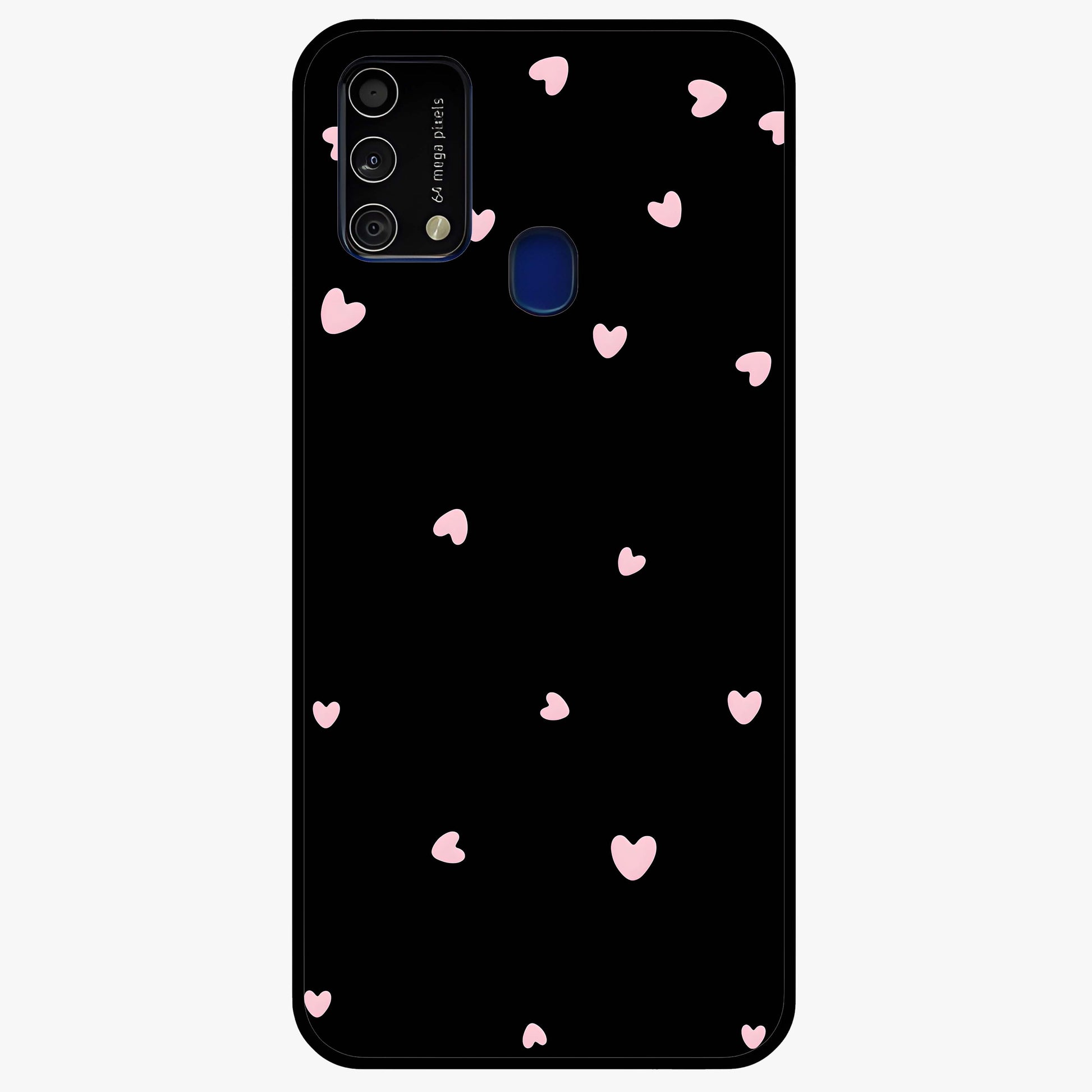 Pink Love Drops Glass Case showing flat back view with playful pink heart drops artwork and glossy glass finish.