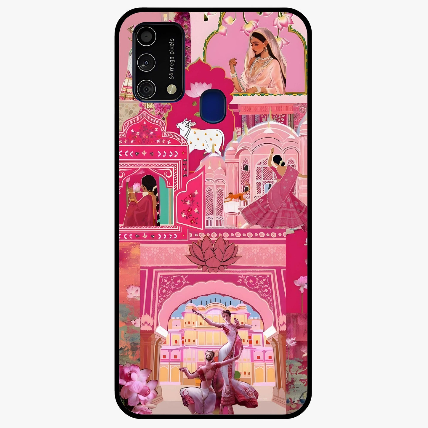 Pink Palace Muse Glass Case showing flat back view with elegant palace inspired artwork and glossy glass finish.