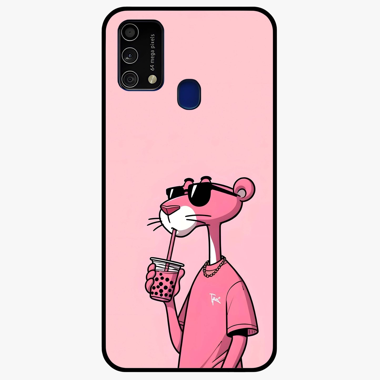 Pink Panther Glass Case showing flat back view with iconic pink panther artwork and glossy glass finish.