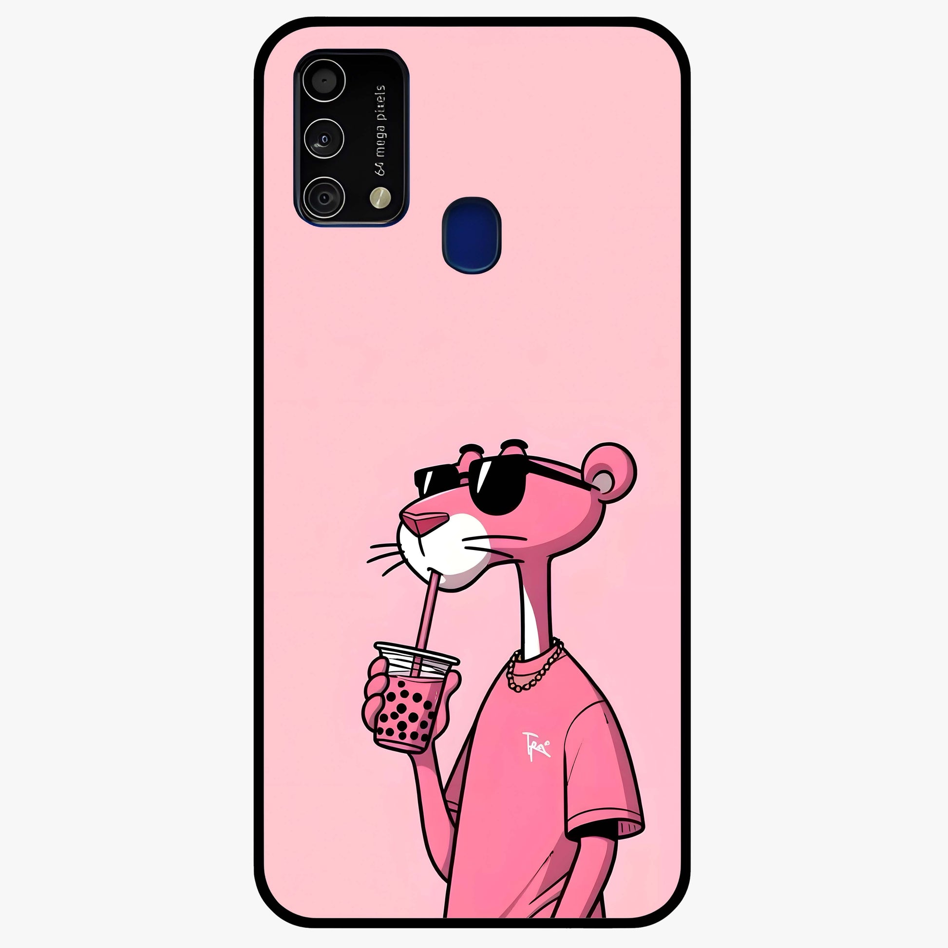 Pink Panther Glass Case showing flat back view with iconic pink panther artwork and glossy glass finish.
