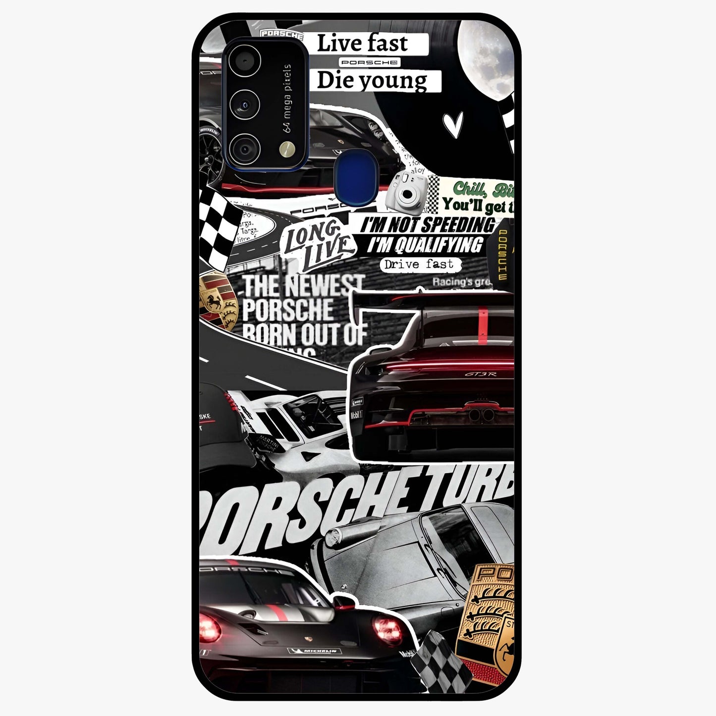 Porsche Racing Collage Glass Case showing flat back view with sports car racing collage artwork and glossy glass finish.