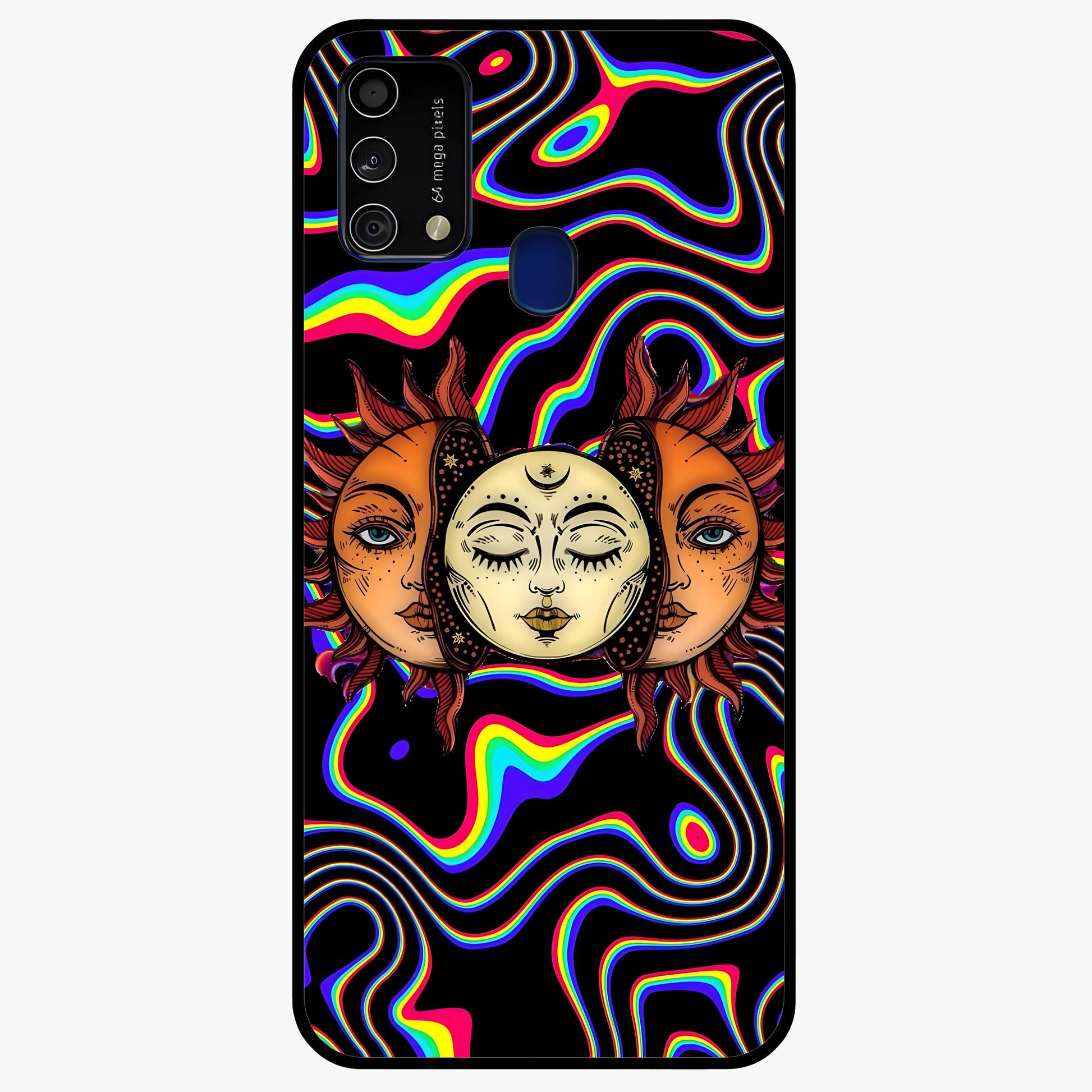 Psychedelic Sun Glass Case showing flat back view with colorful psychedelic sun artwork and glossy glass finish.