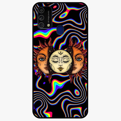 Psychedelic Sun Glass Case showing flat back view with colorful psychedelic sun artwork and glossy glass finish.