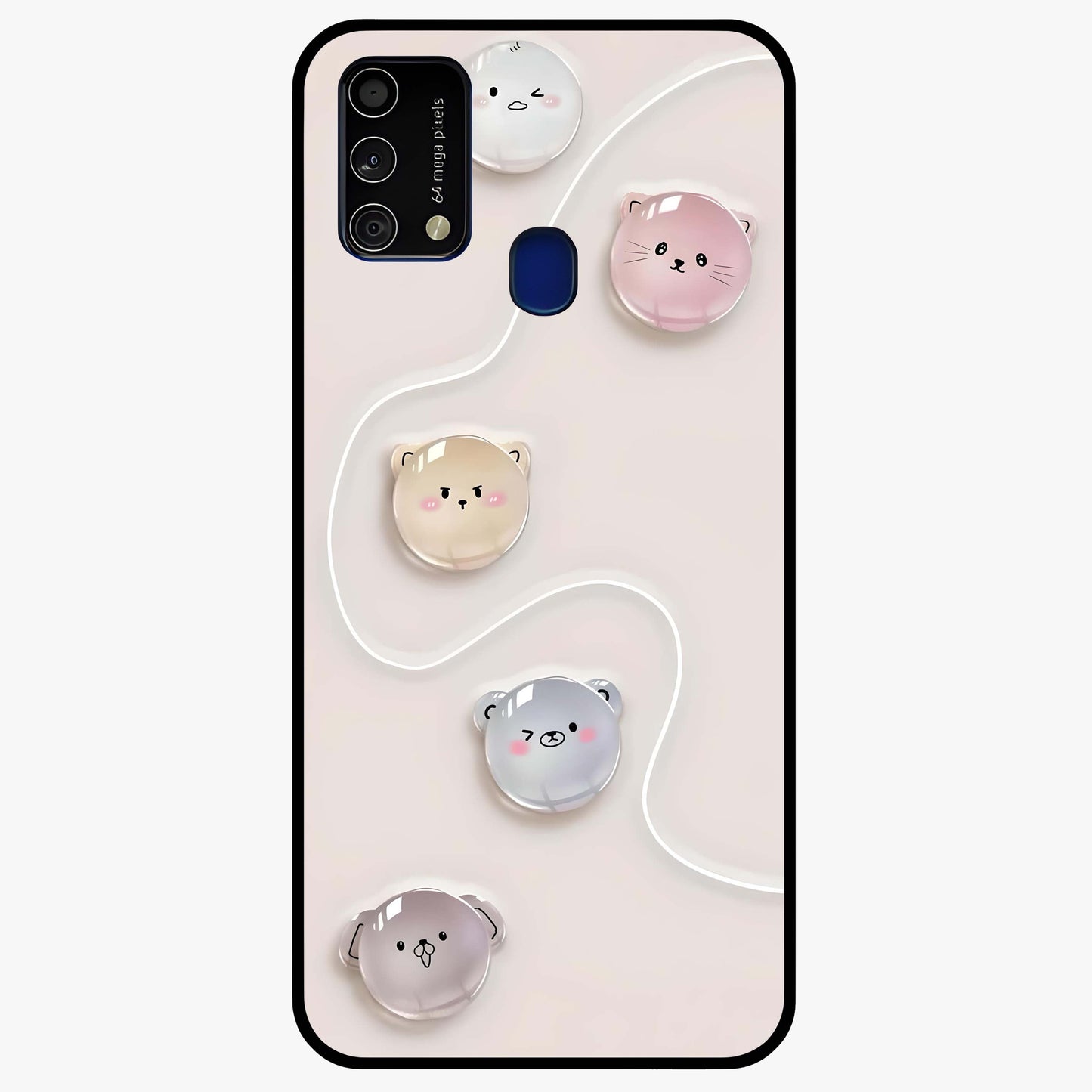 Puffy Face Parade Glass Case showing flat back view with cute puffy character faces artwork and glossy glass finish.