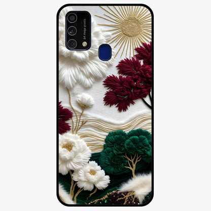 Radiant Bloom Elegance Glass Case showing flat back view with elegant blooming flower artwork and glossy glass finish.