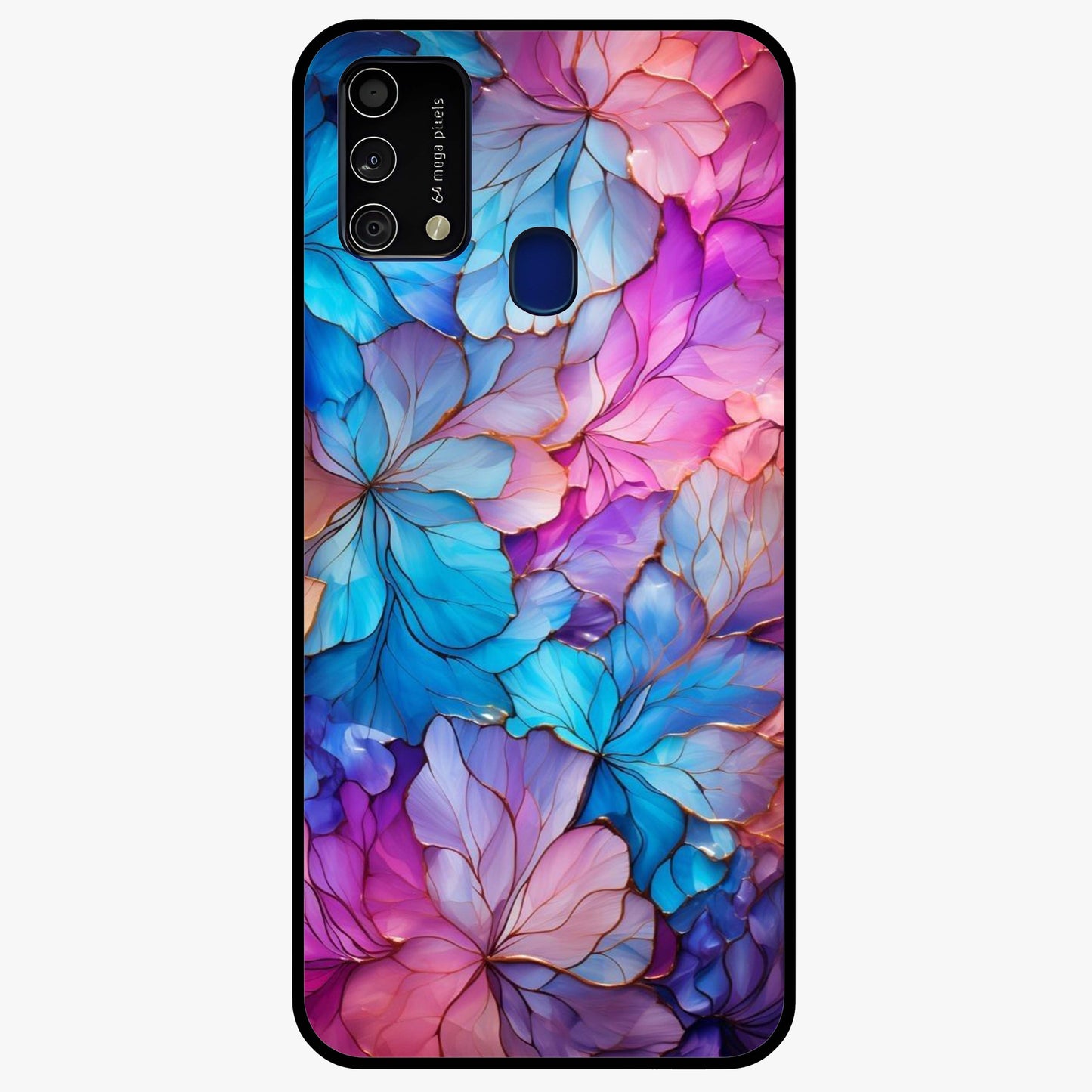 Radiant Floral Whirl Glass Case showing flat back view with swirling floral artwork and glossy glass finish.