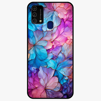 Radiant Floral Whirl Glass Case showing flat back view with swirling floral artwork and glossy glass finish.