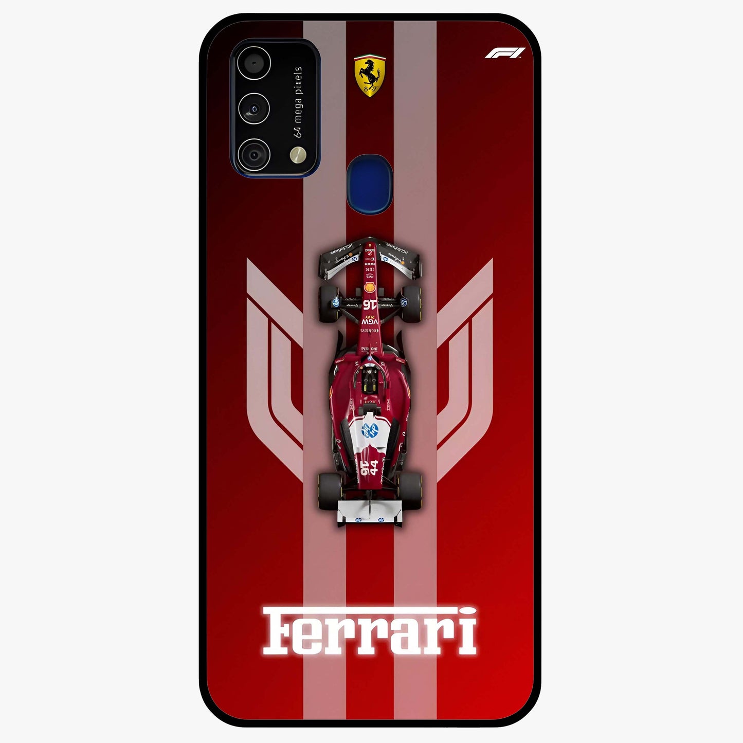 Red Ferrari F1 Vertical Glass Case showing flat back view with sleek Formula racing car artwork and glossy glass finish.