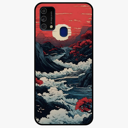 Red Sunset Scenery Glass Case showing flat back view with vibrant sunset landscape artwork and glossy glass finish.