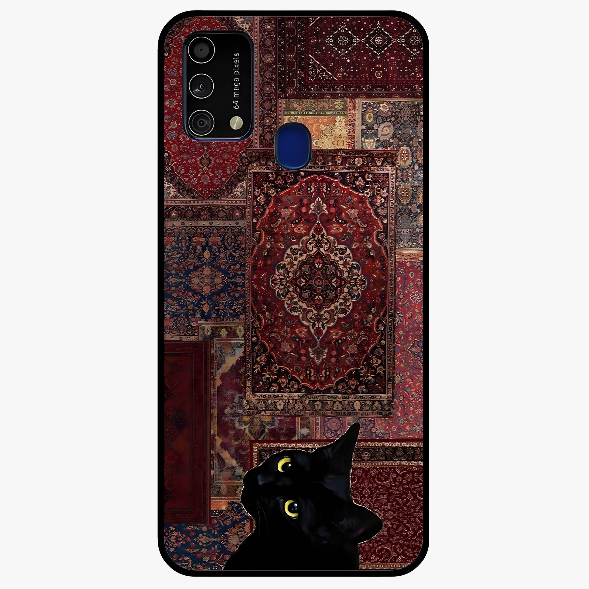 Regal Magic Cat Apple Glass Case showing flat back view with magical cat artwork holding apple and glossy glass finish.