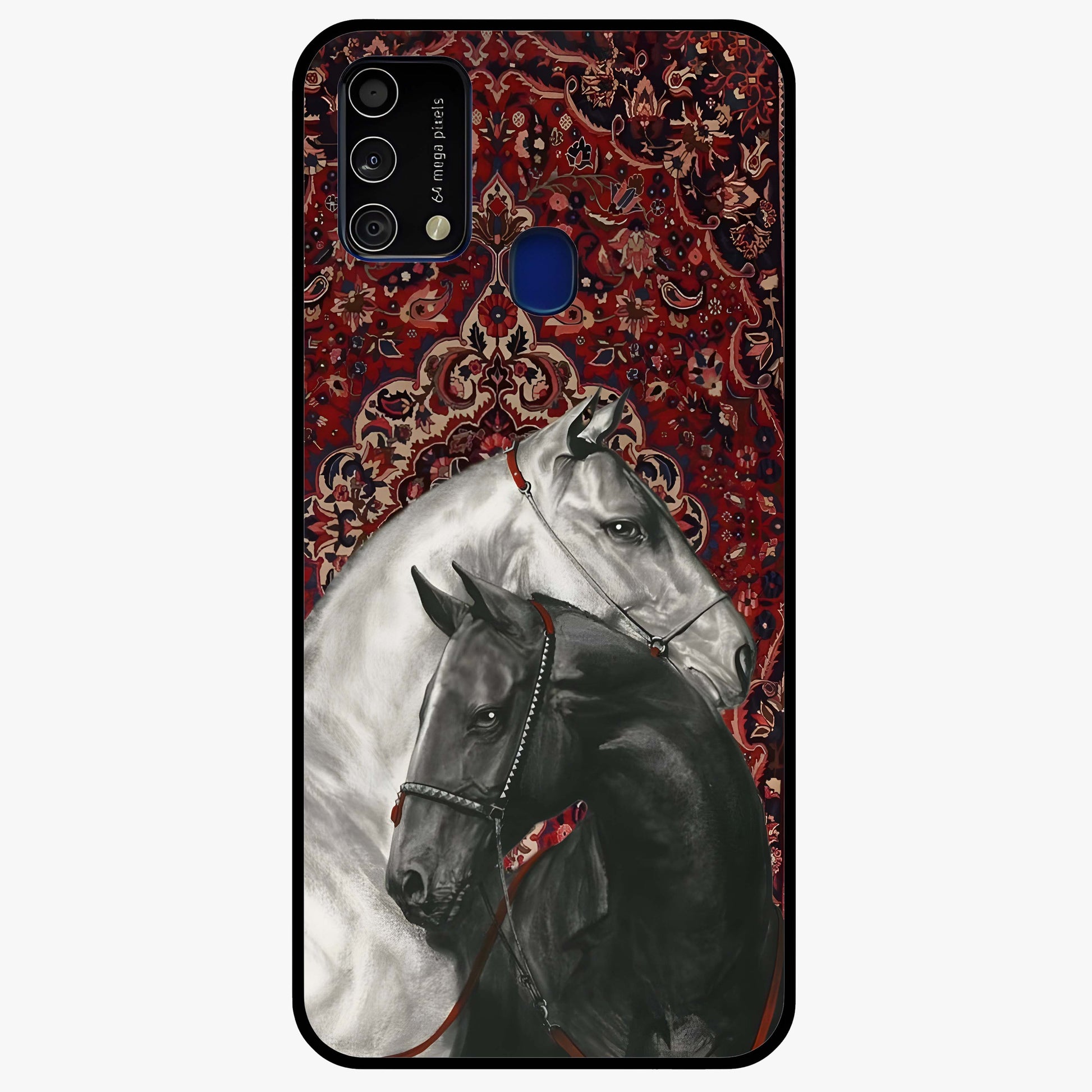 Regal Stallion Tapestry Glass Case showing flat back view with majestic horse tapestry artwork and glossy glass finish.