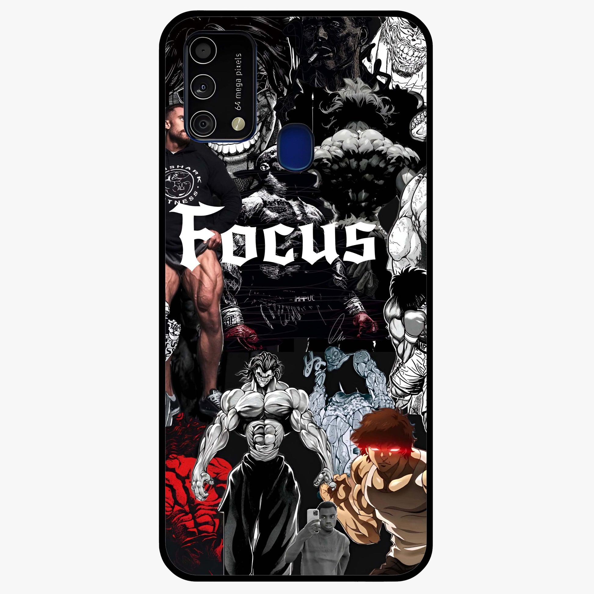 Relentless Power Focus Glass Case showing flat back view with motivational typography artwork and glossy glass finish.