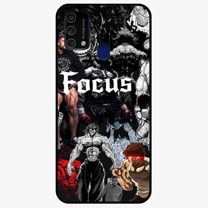 Relentless Power Focus Glass Case showing flat back view with motivational typography artwork and glossy glass finish.
