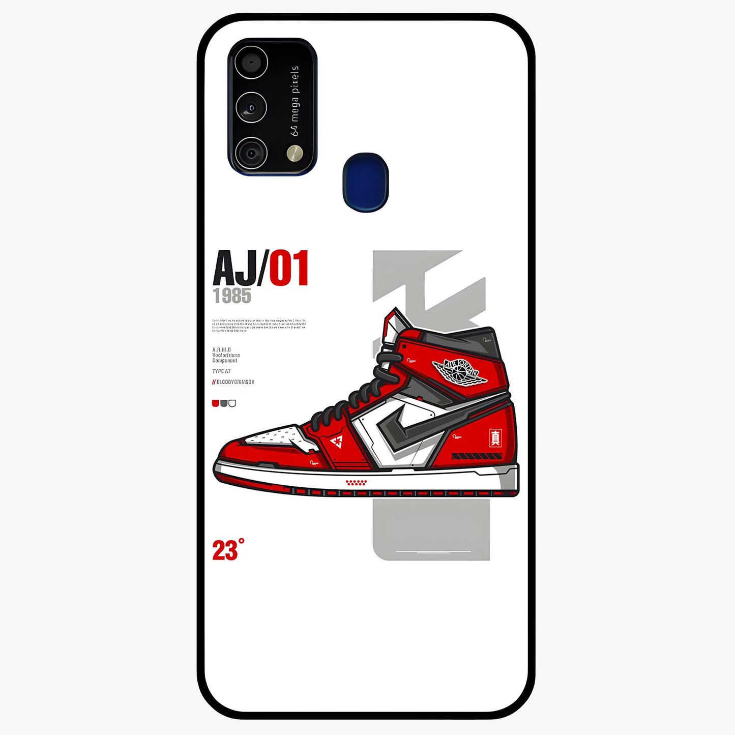 Retro Sneaker Blueprint Glass Case showing flat back view with sneaker blueprint style artwork and glossy glass finish.