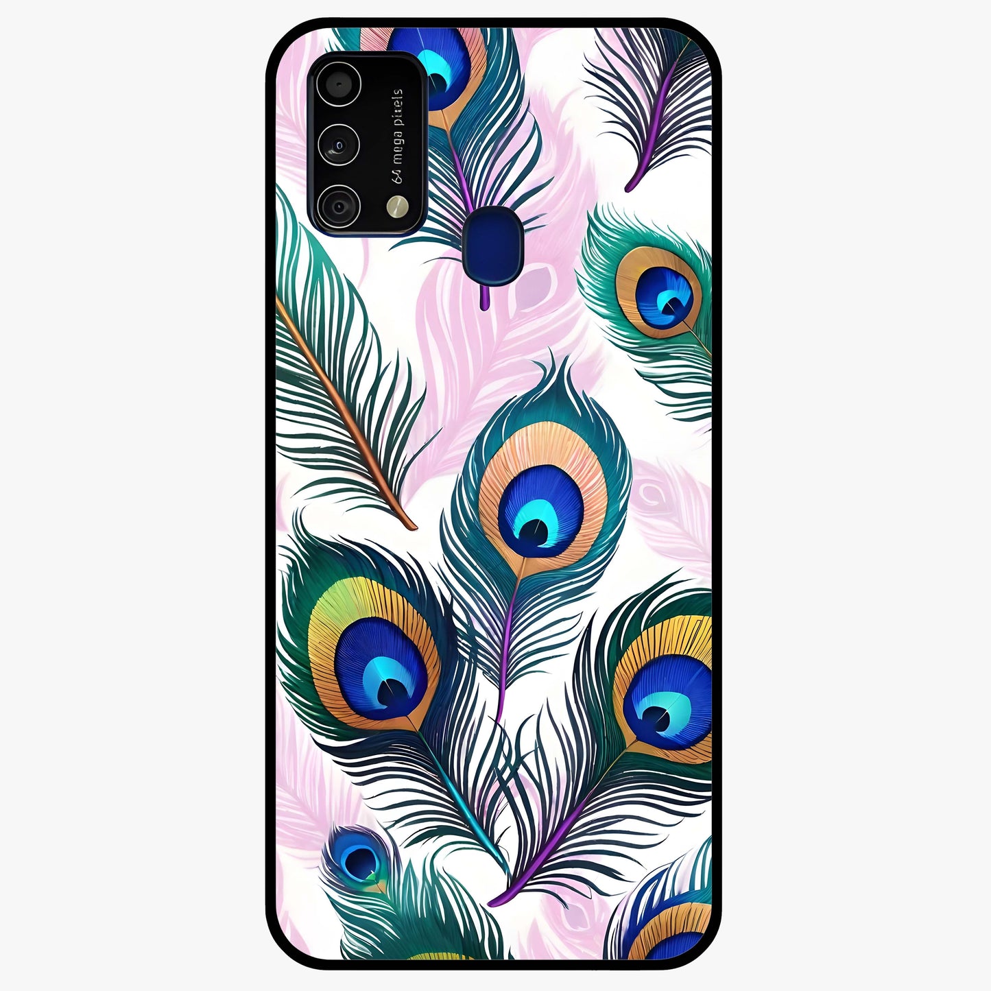 Royal Peacock Feathers Glass Case showing flat back view with colorful peacock feather artwork and glossy glass finish.