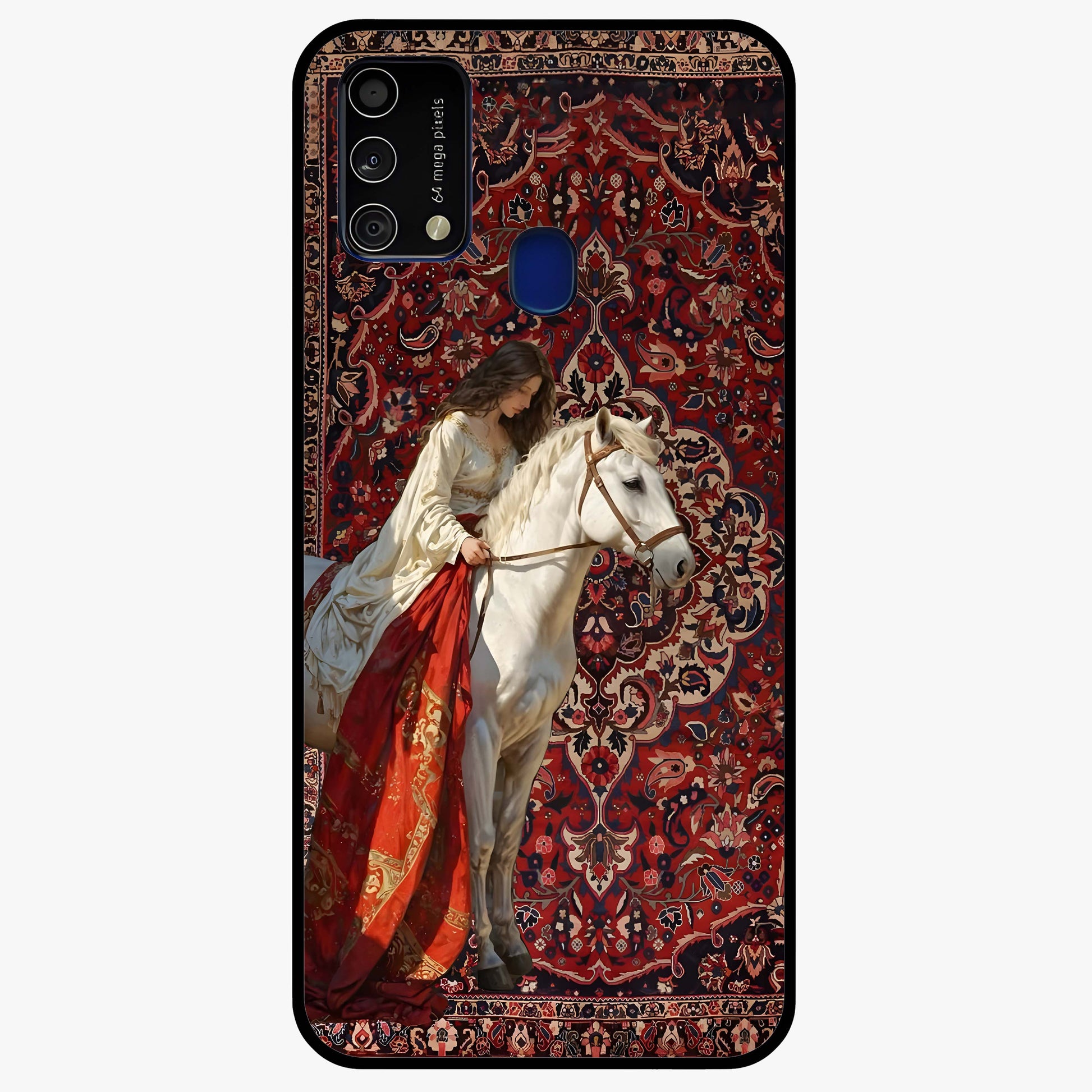 Royal Rider Tapestry Glass Case showing flat back view with majestic horse rider tapestry artwork and glossy glass finish.