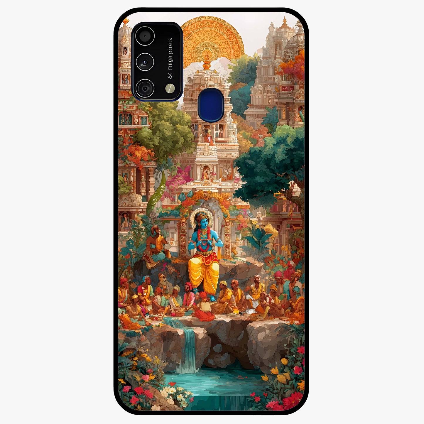 Sacred Sunlight Gods Glass Case showing flat back view with divine sunlight themed artwork and glossy glass finish.