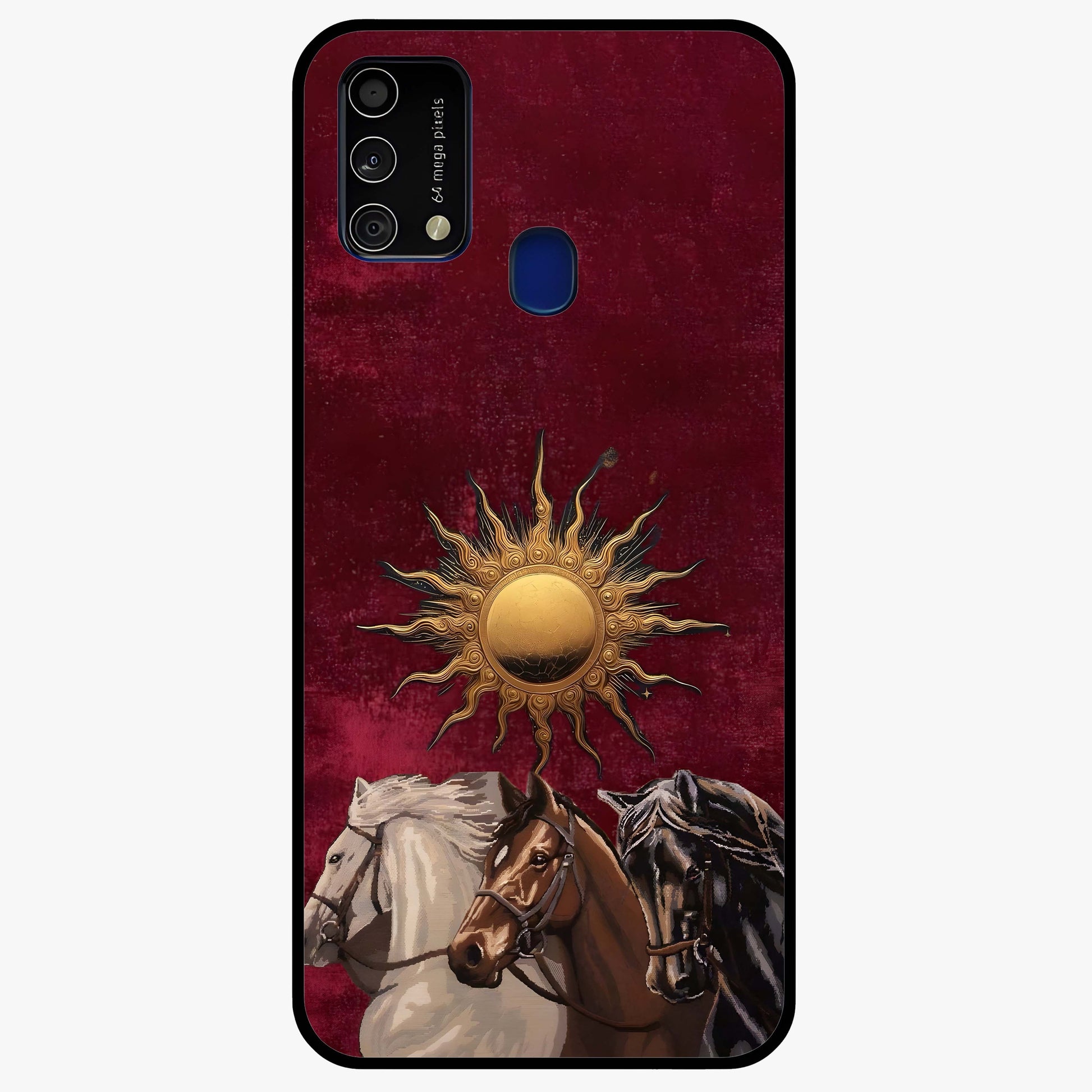 Solar Riders Glass Case showing flat back view with dynamic rider themed artwork and glossy glass finish.