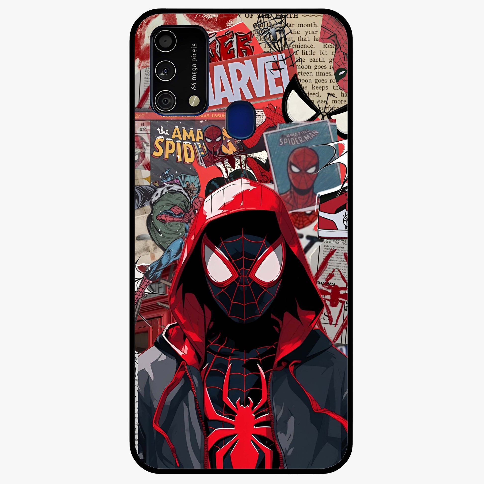Spider Collage Street Glass Case showing flat back view with vibrant superhero collage artwork and glossy glass finish.