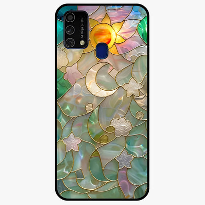 Stained Sunrise Glow Glass Case showing flat back view with glowing sunrise stained pattern artwork and glossy glass finish.