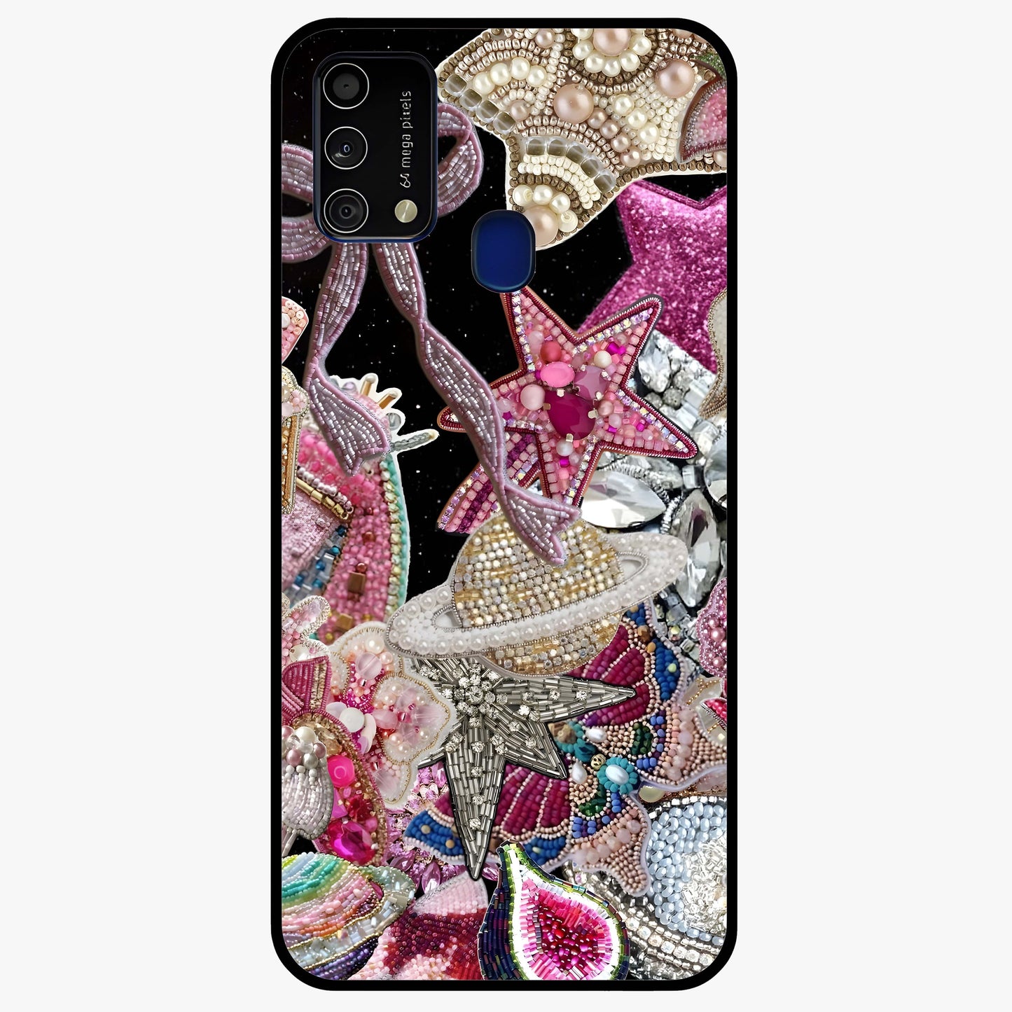 Starlit Jewel Dream Glass Case showing flat back view with sparkling jewel and star themed artwork and glossy glass finish.