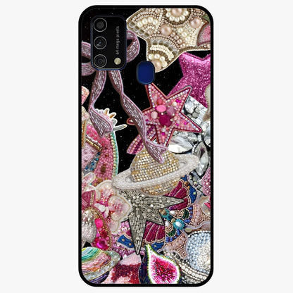 Starlit Jewel Dream Glass Case showing flat back view with sparkling jewel and star themed artwork and glossy glass finish.