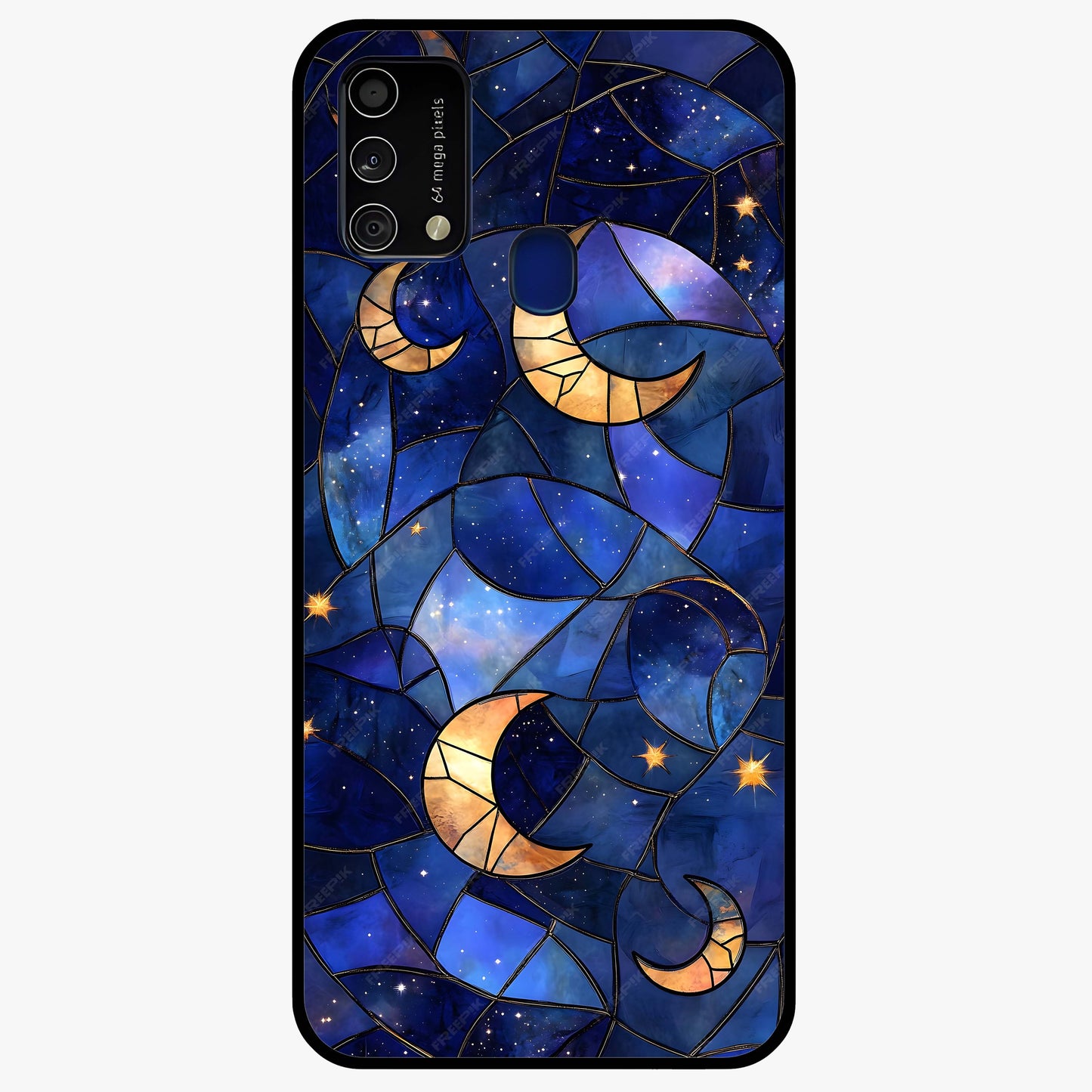 Starlit Sky Tapestry Glass Case showing flat back view with decorative starry sky tapestry artwork and glossy glass finish.
