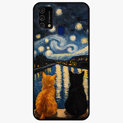 Starry River Cats Glass Case showing flat back view with cats by a starry river artwork and glossy glass finish.