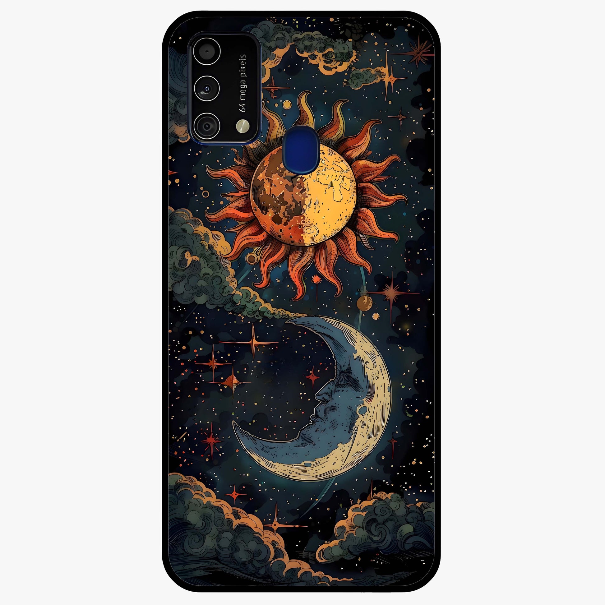 Sun And Moon Magic Design Glass Case showing flat back view with mystical sun and moon artwork and glossy glass finish.