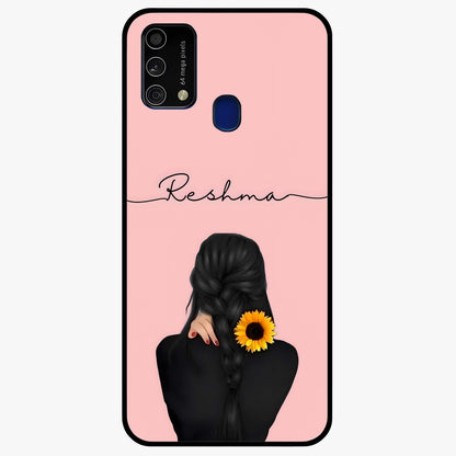Sunflower Braid Beauty With Custom Name Glass Case showing flat back view with sunflower braid artwork and personalized name design.