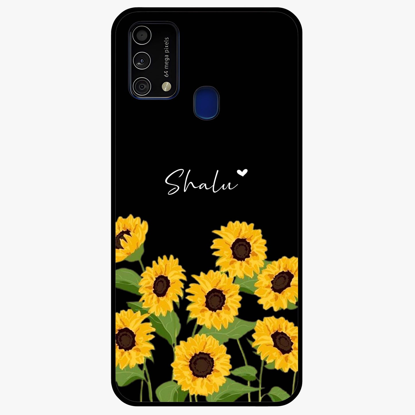 Sunflower Chic Mood Custom Name Glass Case showing flat back view with stylish sunflower artwork and personalized name design.