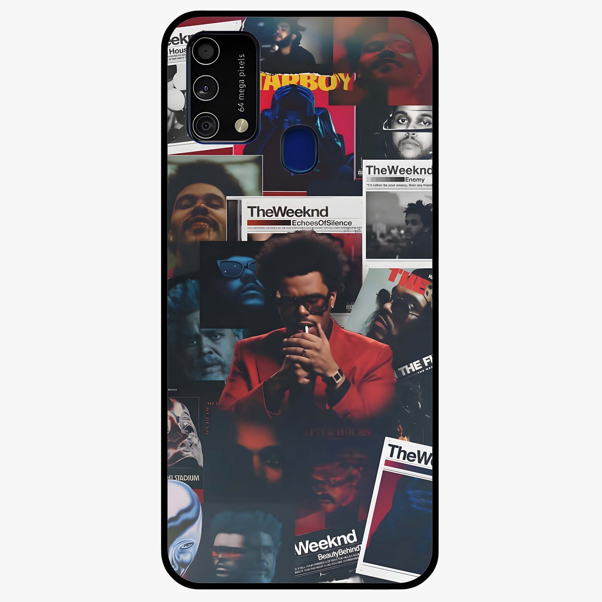 The Weeknd Glass Case showing flat back view with music inspired artistic portrait artwork and glossy glass finish.