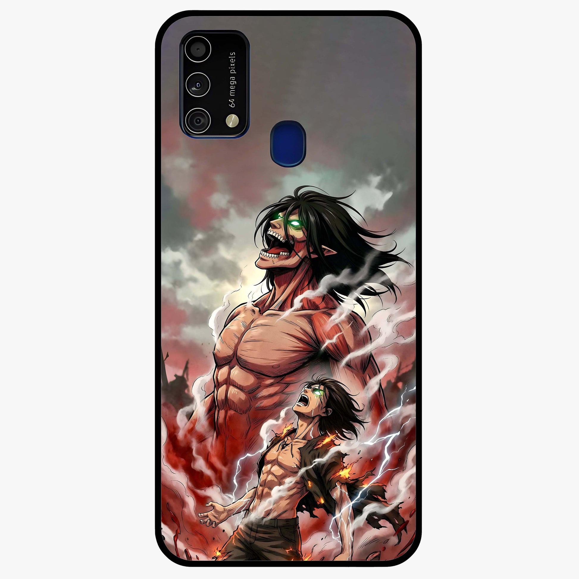 Titan Awakening Fury Glass Case showing flat back view with powerful titan inspired artwork and glossy glass finish.