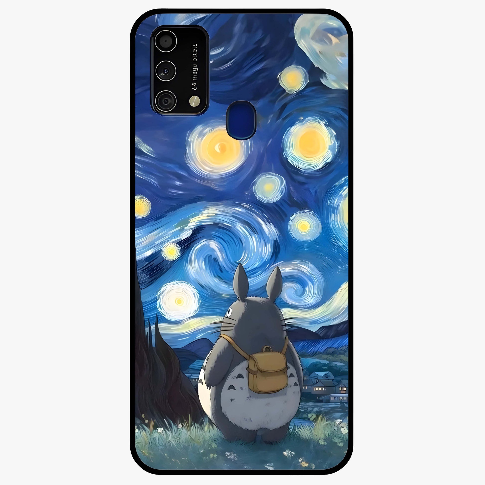 Totoro In Van Gogh Art Glass Case showing flat back view with whimsical character artwork inspired by Van Gogh style and glossy glass finish.